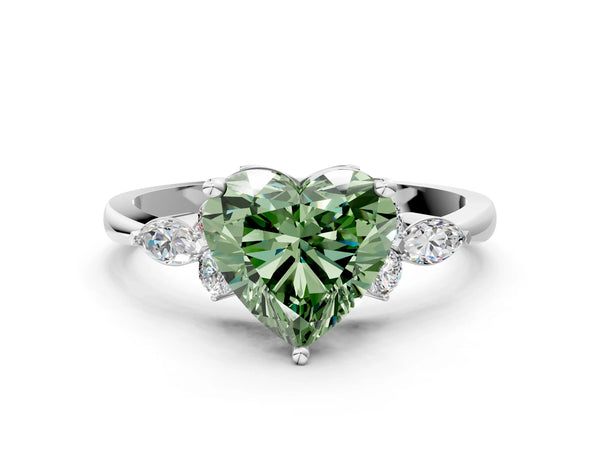 White gold Fancy Green Heart Cut Brilliant Diamond Solitaire Ring with Pear Side Stones and Four-Prong Setting