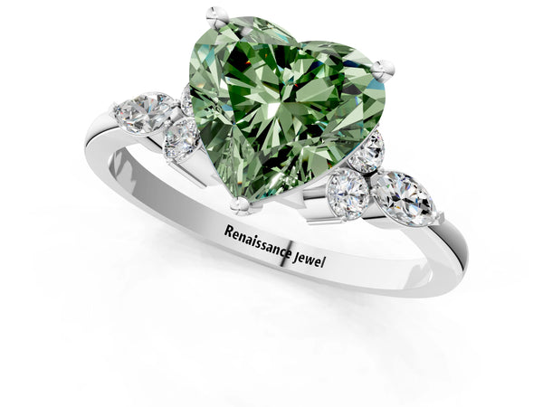 White gold Fancy Green Heart Cut Brilliant Diamond Solitaire Ring with Pear Side Stones and Four-Prong Setting