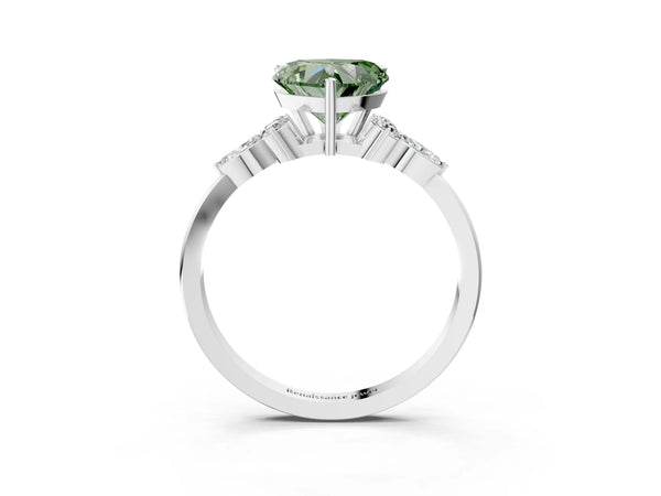 White gold Fancy Green Heart Cut Brilliant Diamond Solitaire Ring with Pear Side Stones and Four-Prong Setting
