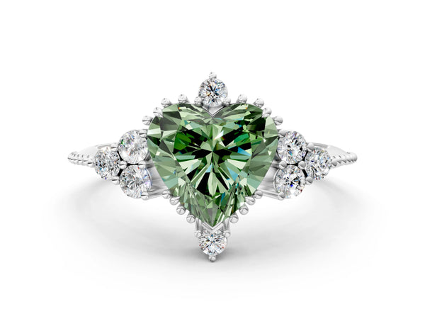 Platinum Fancy Green Heart Cut Brilliant Diamond with Cluster Setting on a Beaded Band and Four-Prong Setting