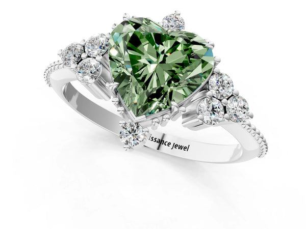 Platinum Fancy Green Heart Cut Brilliant Diamond with Cluster Setting on a Beaded Band and Four-Prong Setting