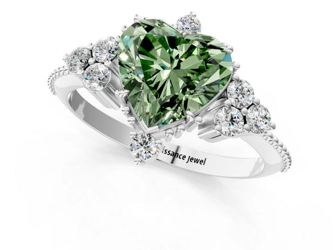 White gold Fancy Green Heart Cut Brilliant Diamond with Cluster Setting on a Beaded Band and Four-Prong Setting_13
