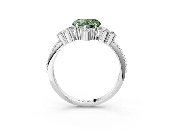 Platinum Fancy Green Heart Cut Brilliant Diamond with Cluster Setting on a Beaded Band and Four-Prong Setting