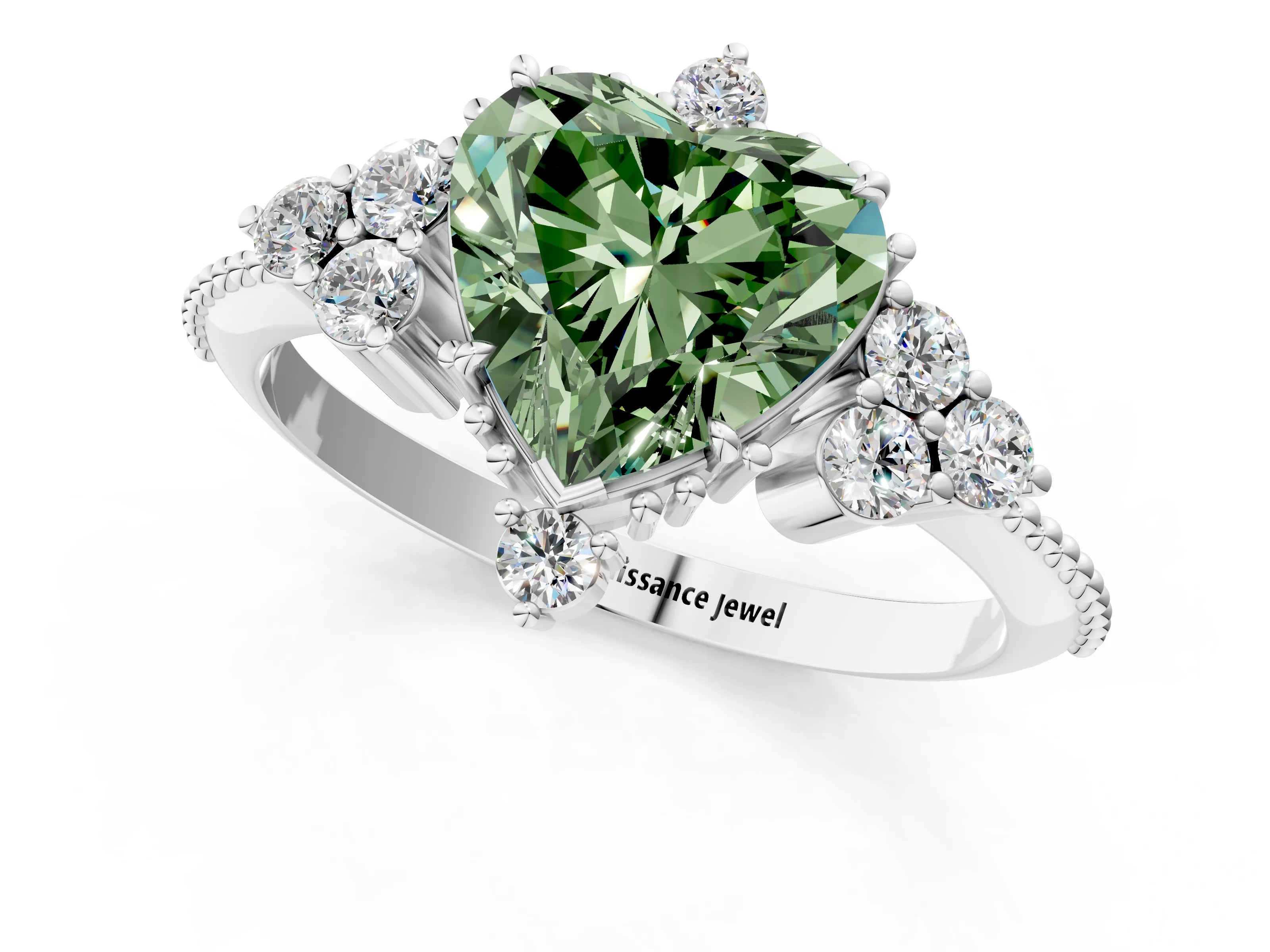 White gold Fancy Green Heart Cut Brilliant Diamond with Cluster Setting on a Beaded Band and Four-Prong Setting_1