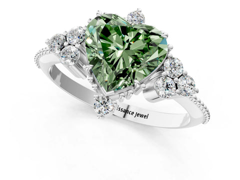 White gold Fancy Green Heart Cut Brilliant Diamond with Cluster Setting on a Beaded Band and Four-Prong Setting_1