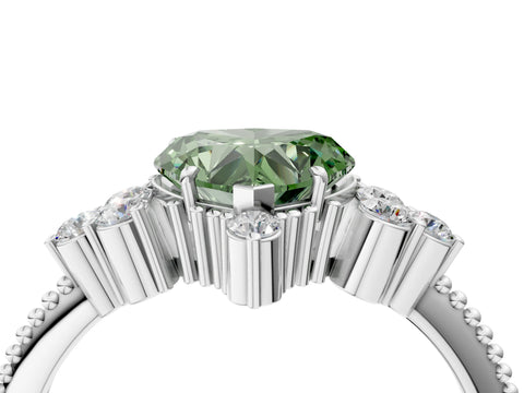 White gold Fancy Green Heart Cut Brilliant Diamond with Cluster Setting on a Beaded Band and Four-Prong Setting_4