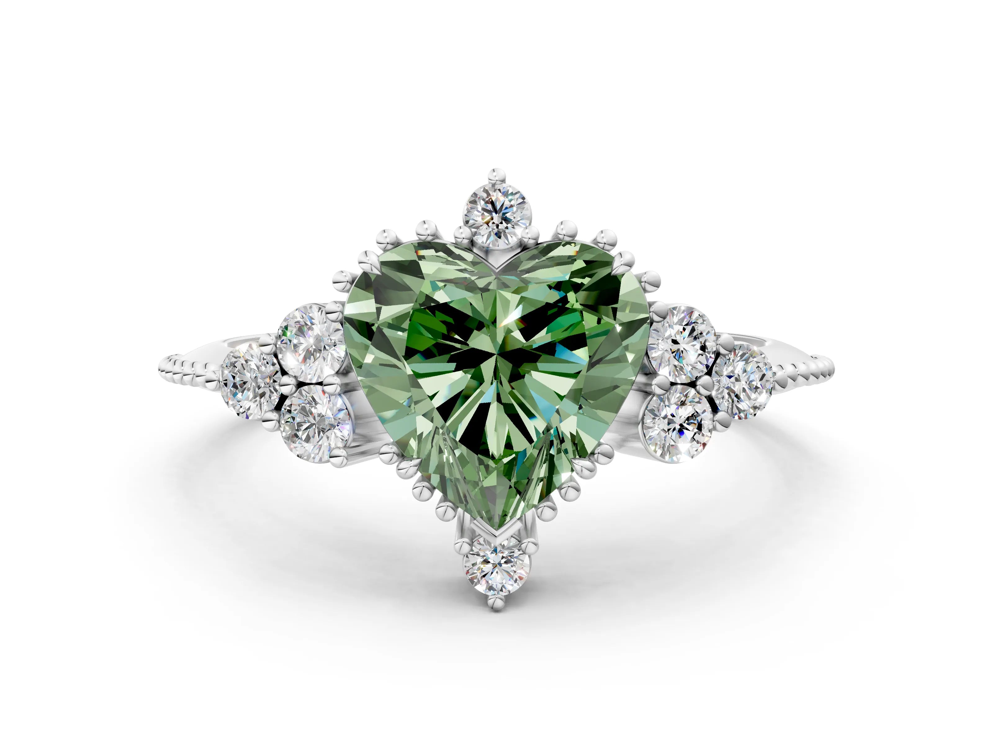 White gold Fancy Green Heart Cut Brilliant Diamond with Cluster Setting on a Beaded Band and Four-Prong Setting