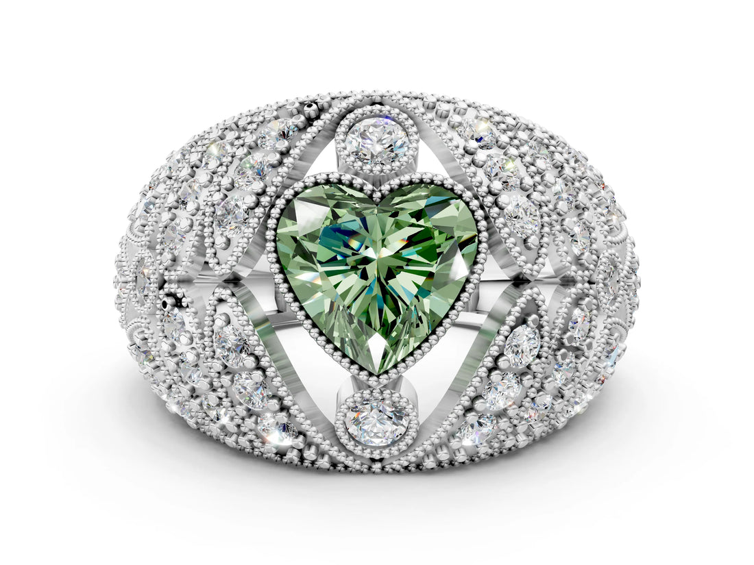 White gold Fancy Green Heart Cut Brilliant Halo Pave Diamond Milgrain Ring