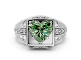 White gold Fancy Green Heart Cut Brilliant Milgrain Filigree Diamond Ring with Square Prong Setting