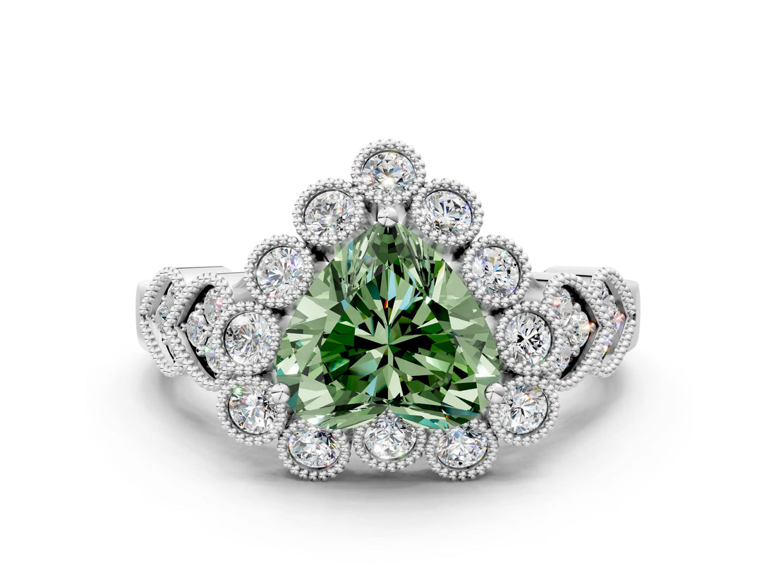 White gold Fancy Green Heart Cut Brilliant Milgrain Pave Heart Band Solitaire Ring_12