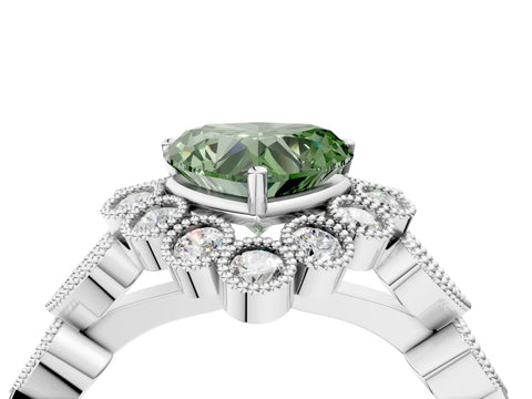 White gold Fancy Green Heart Cut Brilliant Milgrain Pave Heart Band Solitaire Ring_16