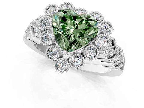 White gold Fancy Green Heart Cut Brilliant Milgrain Pave Heart Band Solitaire Ring_1