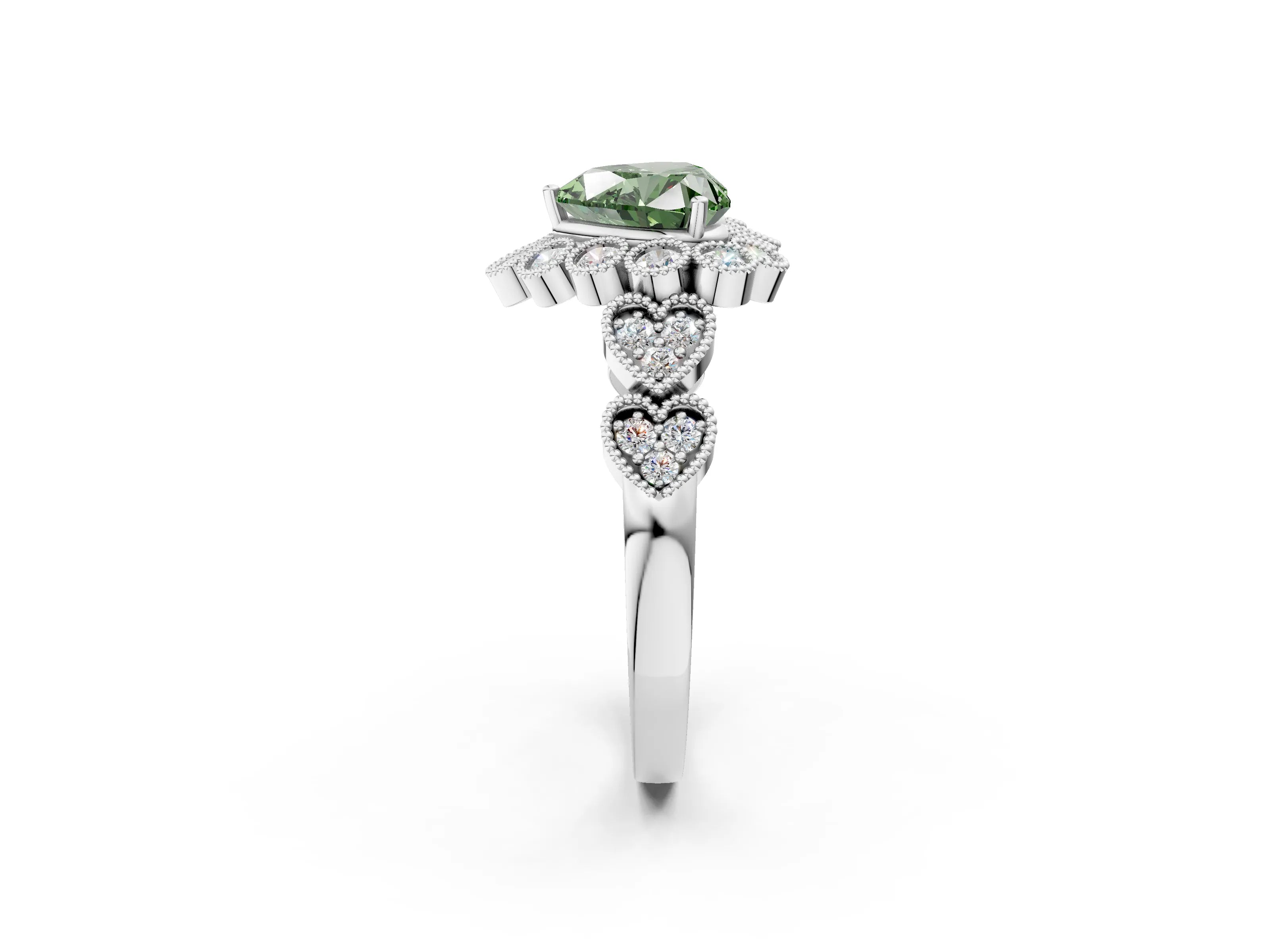 White gold Fancy Green Heart Cut Brilliant Milgrain Pave Heart Band Solitaire Ring_2