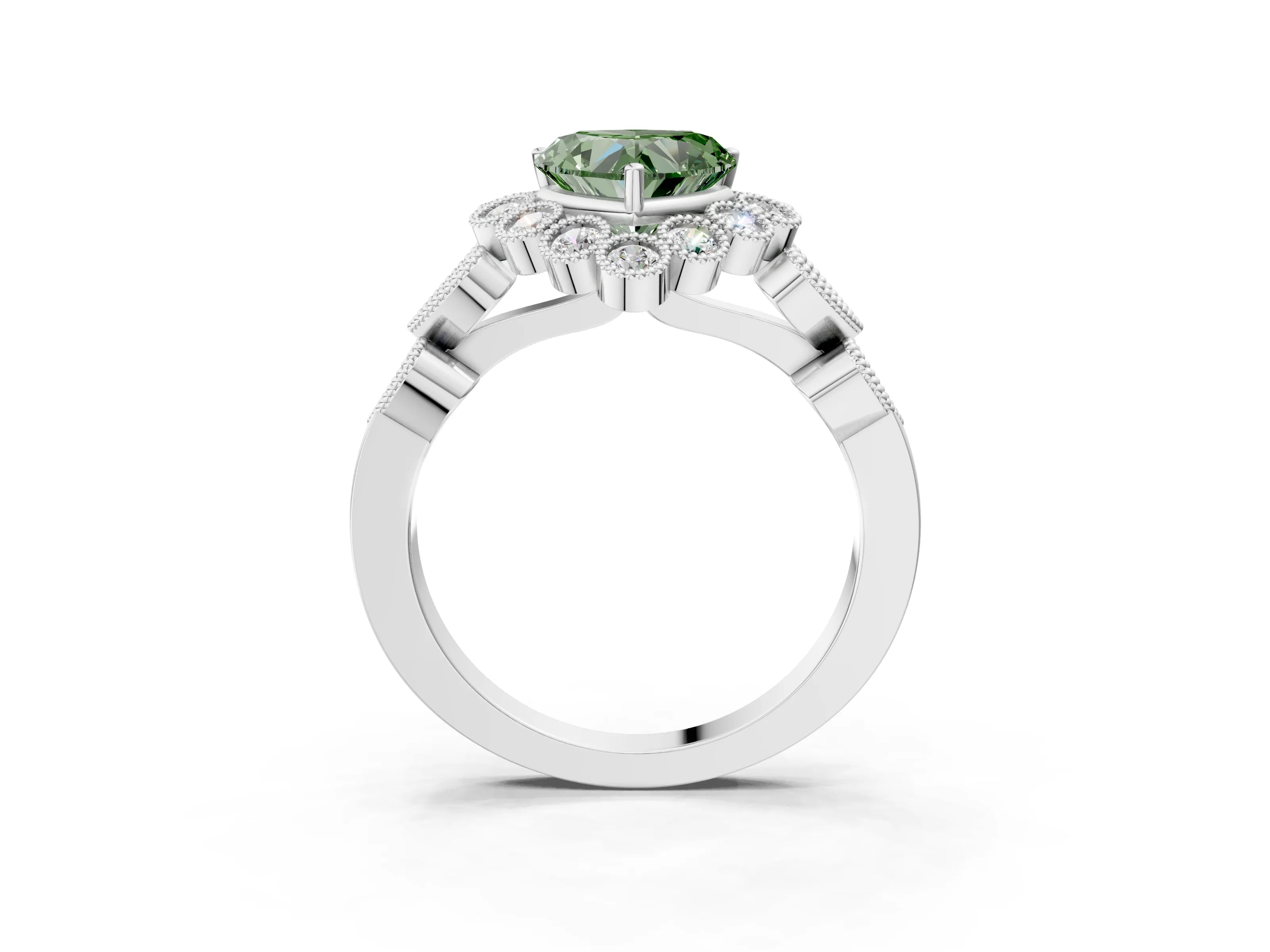 White gold Fancy Green Heart Cut Brilliant Milgrain Pave Heart Band Solitaire Ring_3