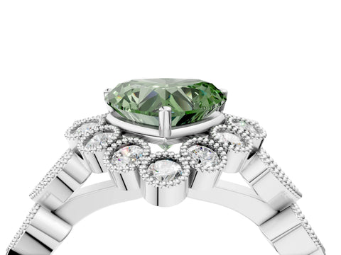 White gold Fancy Green Heart Cut Brilliant Milgrain Pave Heart Band Solitaire Ring_4
