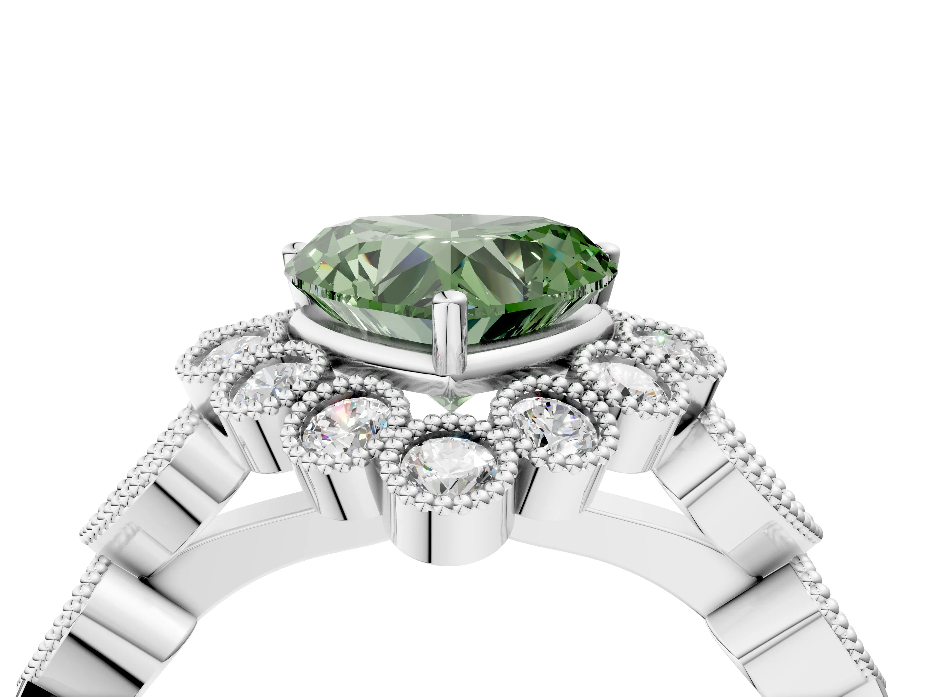 White gold Fancy Green Heart Cut Brilliant Milgrain Pave Heart Band Solitaire Ring_4