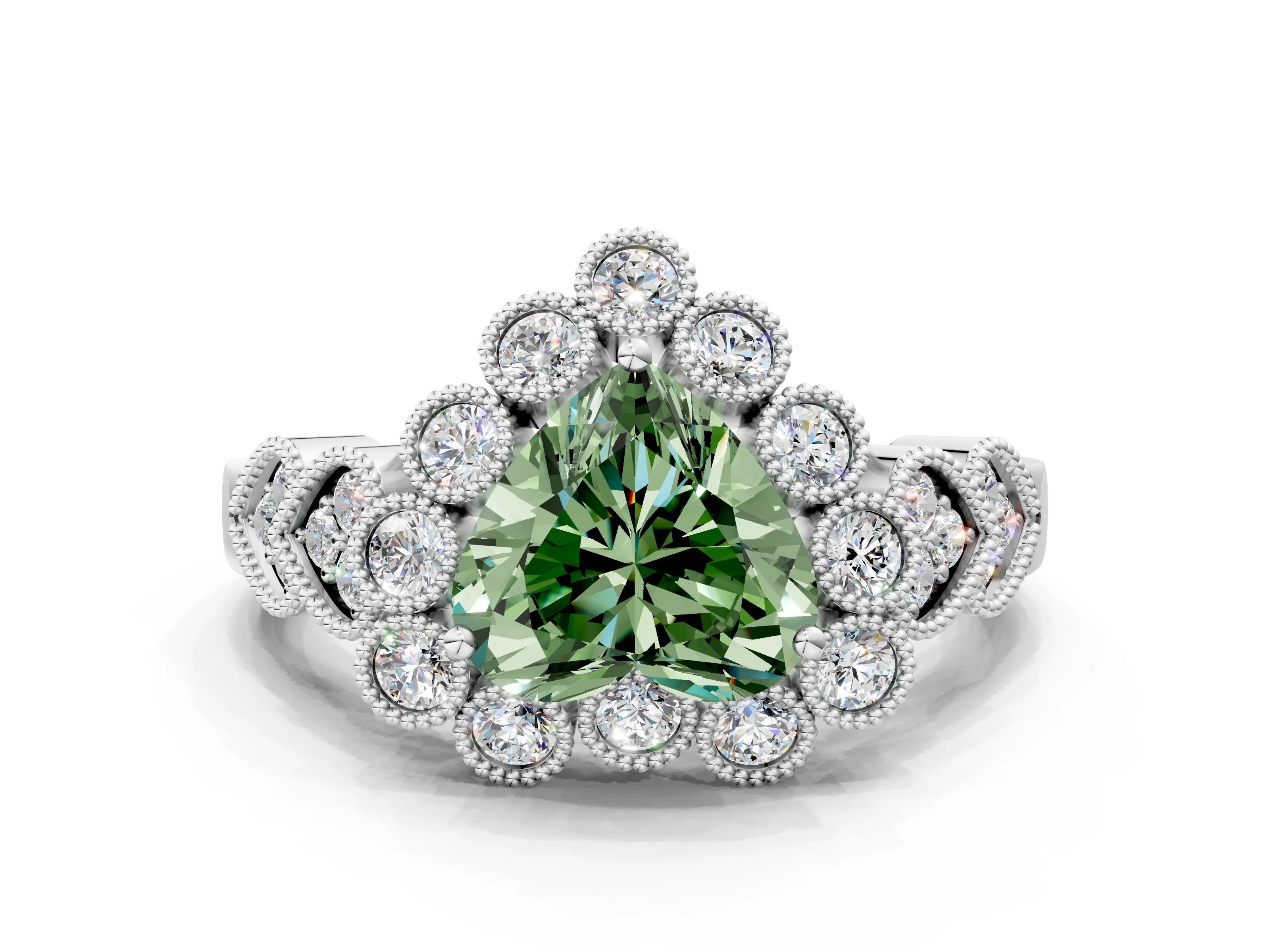 White gold Fancy Green Heart Cut Brilliant Milgrain Pave Heart Band Solitaire Ring