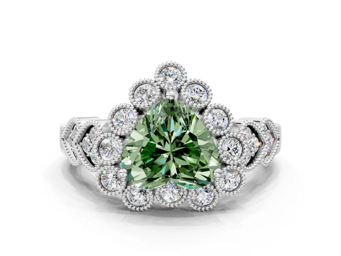 White gold Fancy Green Heart Cut Brilliant Milgrain Pave Heart Band Solitaire Ring