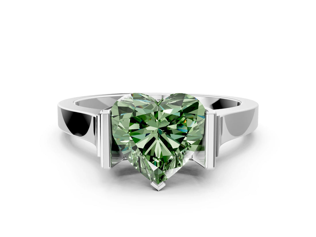 White gold Fancy Green Heart Cut Brilliant Solitaire Diamond Ring with Channel Set Band and Bar Prong Setting_6