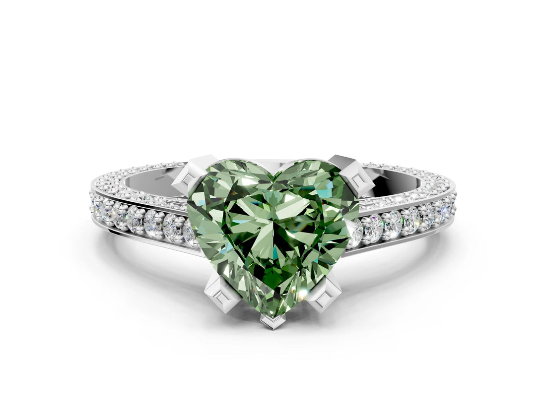 White gold Fancy Green Heart Cut Brilliant Split Shank Pave Solitaire Ring with Four-Prong Setting