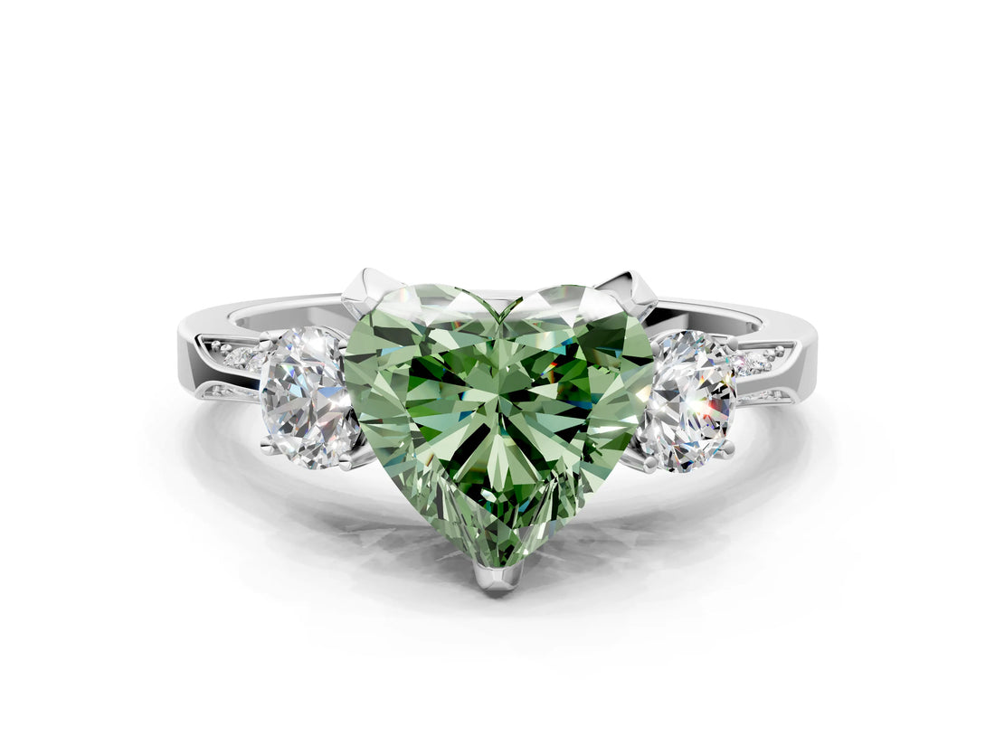 White gold Fancy Green Heart Cut Brilliant Three-Stone Diamond Ring with Pavé Band and Four-Prong Setting_39
