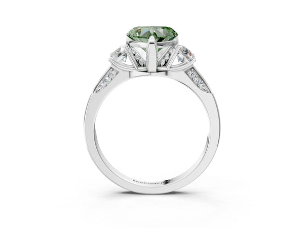 Platinum Fancy Green Heart Cut Brilliant Three-Stone Diamond Ring with Pavé Band and Four-Prong Setting