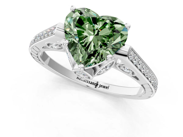 Platinum Heart-Shaped Cathedral Engagement Ring Setting for Fancy Green Center with Pave Shoulders