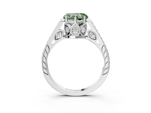 Platinum Heart-Shaped Cathedral Engagement Ring Setting for Fancy Green Center with Pave Shoulders