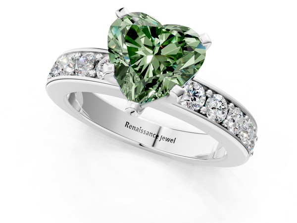 White gold Fancy Green Heart  Cut Channel Set Diamond Engagement Ring with Four-Prong Setting