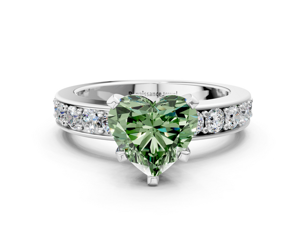 White gold Fancy Green Heart  Cut Channel Set Diamond Engagement Ring with Four-Prong Setting