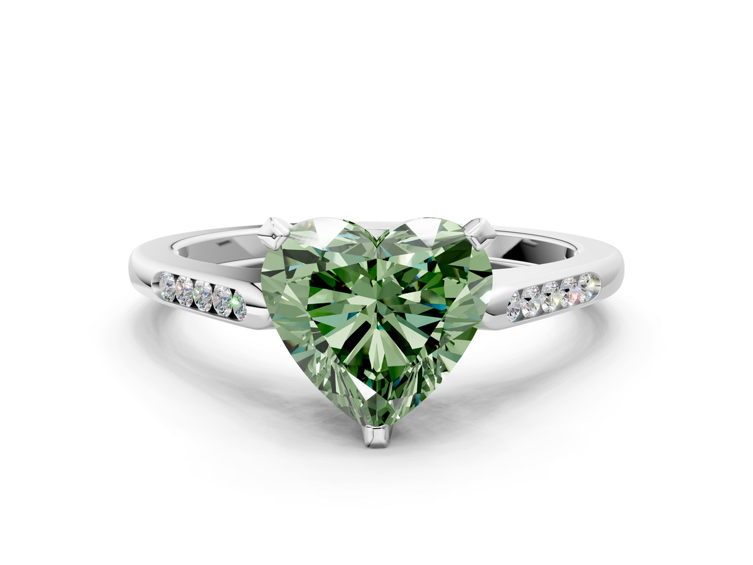 White gold Fancy Green Heart  Cut Channel Set Solitaire Engagement Ring with Four-Prong Setting