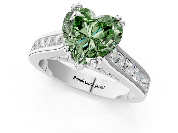 White gold Fancy Green Heart  Cut Channel Set Solitaire Engagement Ring with Prong Setting