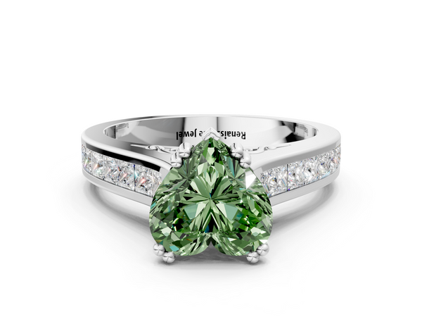 White gold Fancy Green Heart  Cut Channel Set Solitaire Engagement Ring with Prong Setting