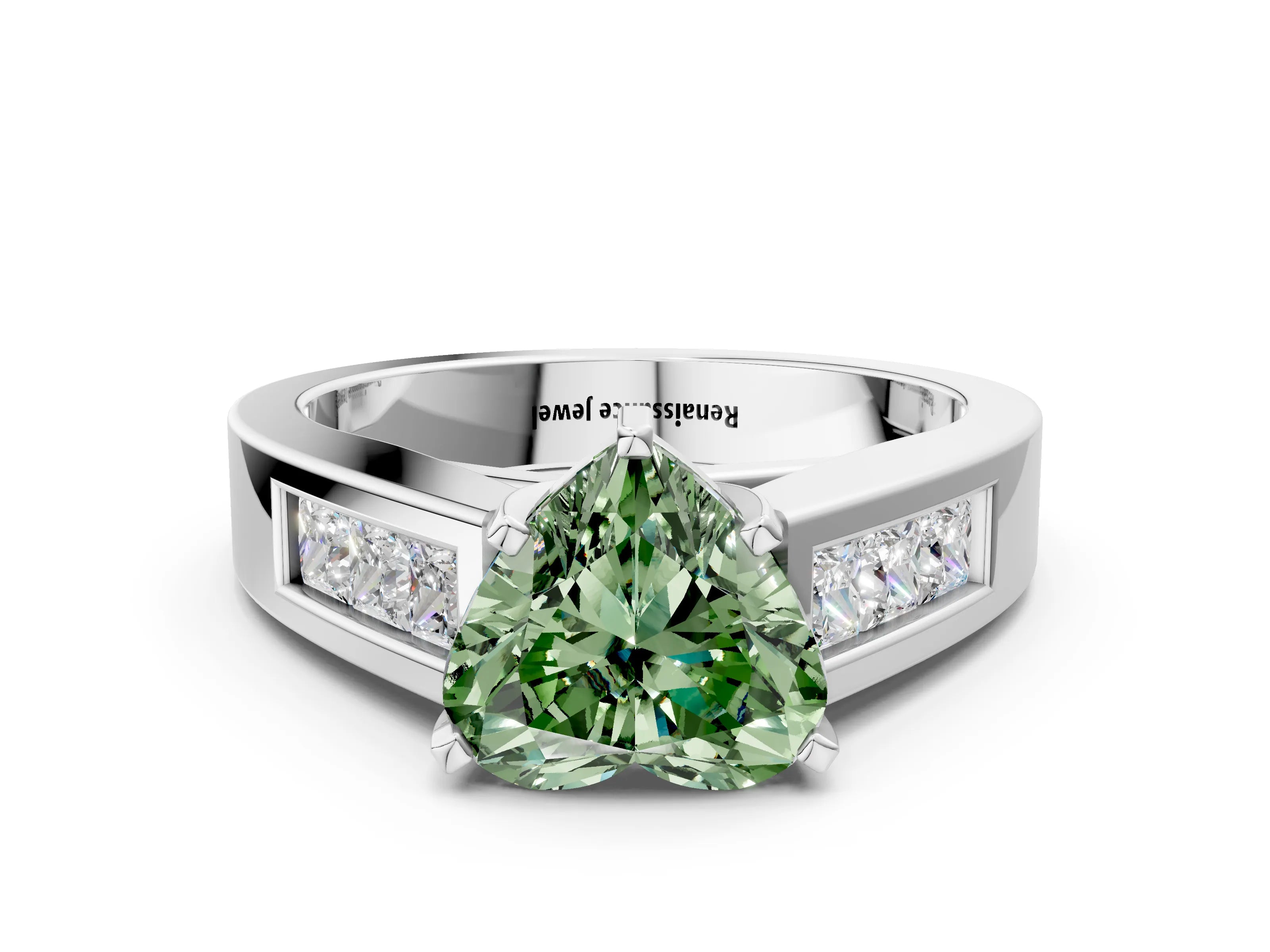 White gold Fancy Green Heart Cut Cut Channel Set Solitaire Ring with Four-Prong Setting_12