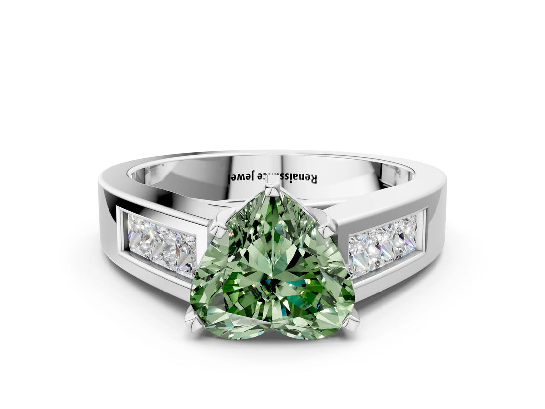 White gold Fancy Green Heart Cut Cut Channel Set Solitaire Ring with Four-Prong Setting_12