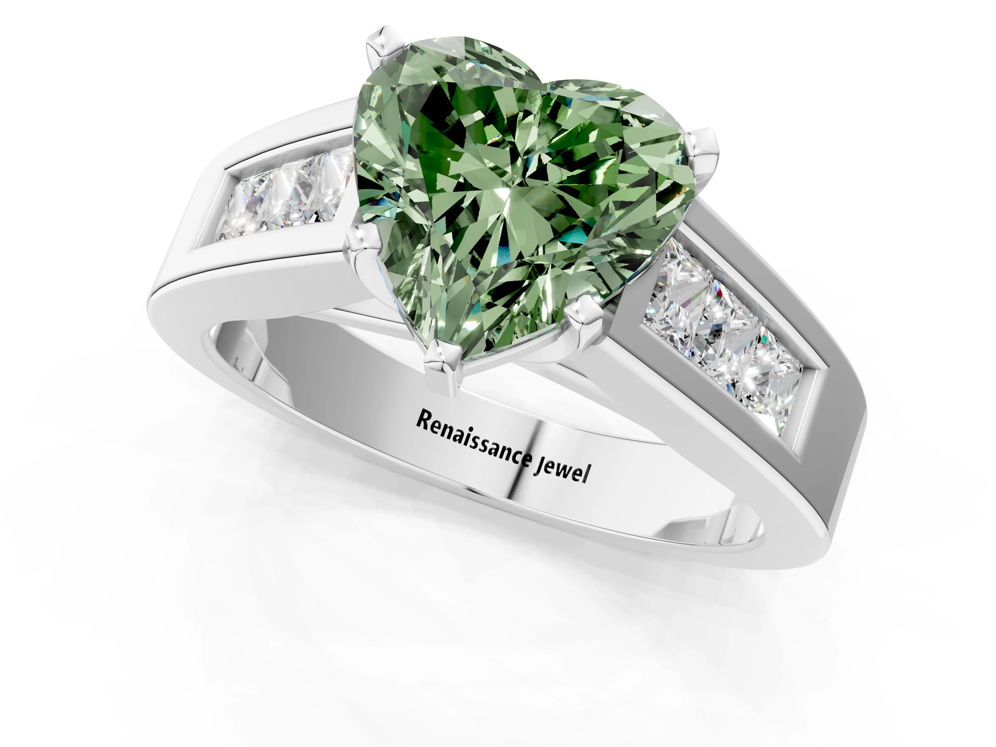 White gold Fancy Green Heart Cut Cut Channel Set Solitaire Ring with Four-Prong Setting_13