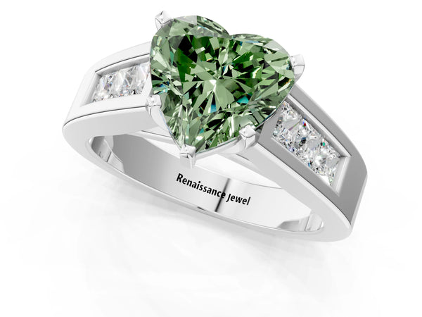 White gold Fancy Green Heart Cut Cut Channel Set Solitaire Ring with Four-Prong Setting