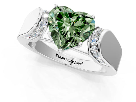 White gold Fancy Green Heart Cut Cut Diamond Channel Set Solitaire Ring with Four-Prong Setting_1
