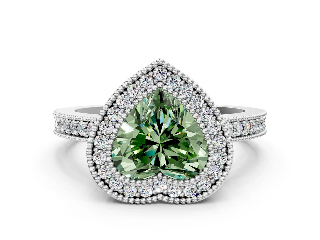 White gold Fancy Green Heart Cut-Cut Diamond Halo Engagement Ring with Pave Band and Prong Setting