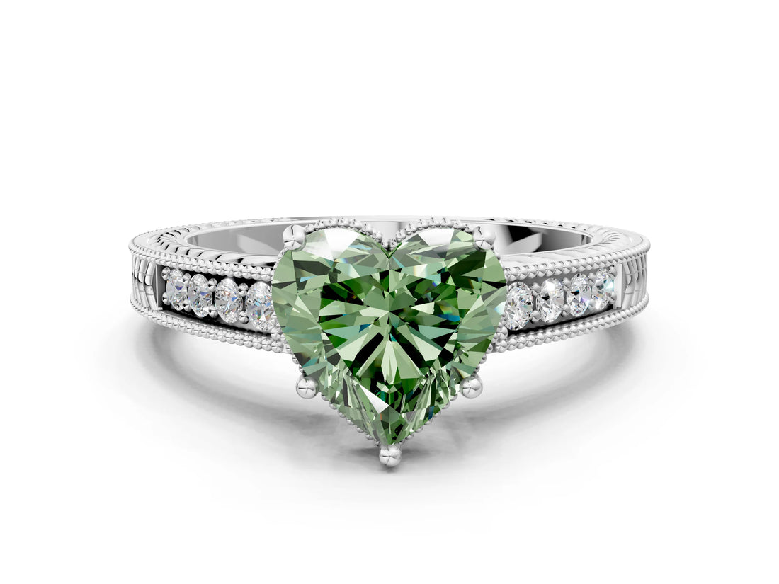 White gold Fancy Green Heart Cut Cut Diamond Milgrain Pave Band Four-Prong Setting Ring_3