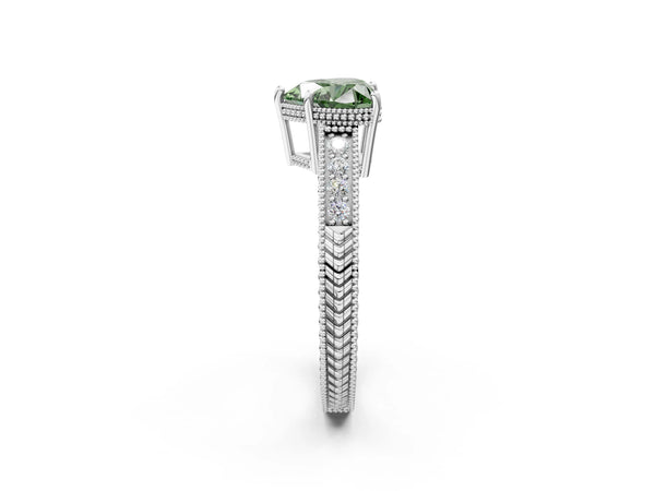 Platinum Fancy Green Heart Cut Cut Diamond Milgrain Pave Band Four-Prong Setting Ring