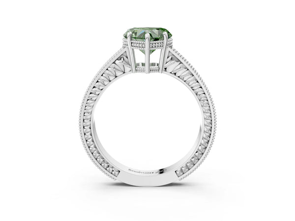 Platinum Fancy Green Heart Cut Cut Diamond Milgrain Pave Band Four-Prong Setting Ring