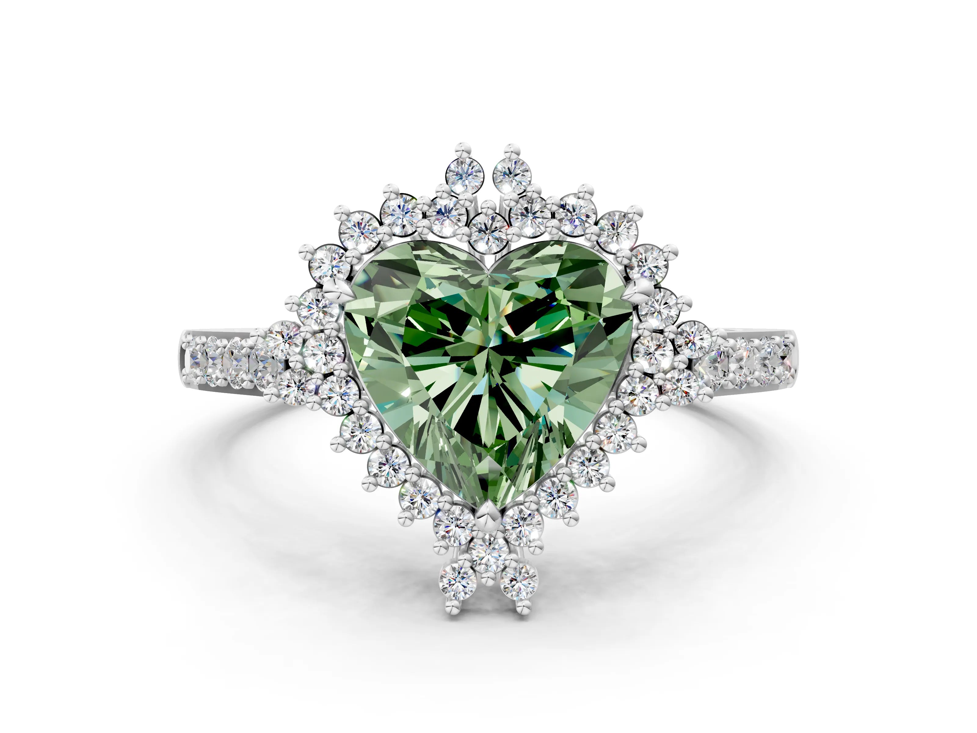 White gold Fancy Green Heart Cut Cut Diamond Sunburst Halo Engagement Ring with Pavé Band_12