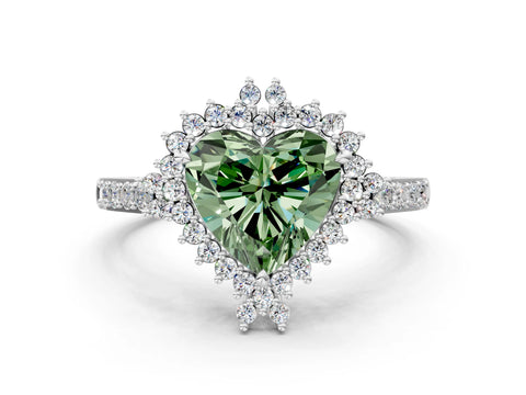 White gold Fancy Green Heart Cut Cut Diamond Sunburst Halo Engagement Ring with Pavé Band_12