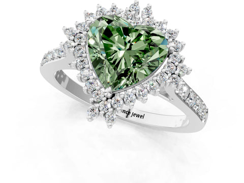 White gold Fancy Green Heart Cut Cut Diamond Sunburst Halo Engagement Ring with Pavé Band_13