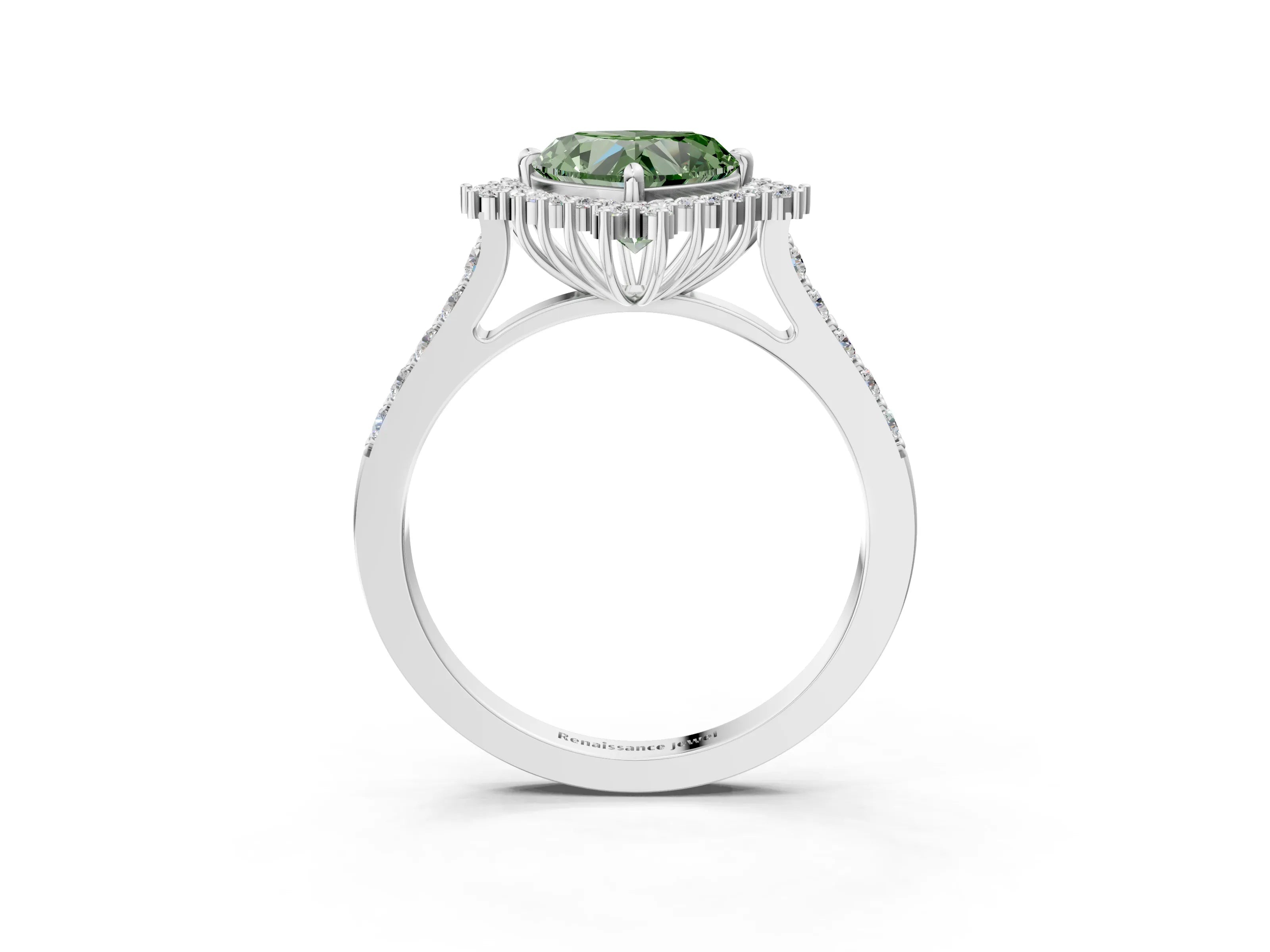 White gold Fancy Green Heart Cut Cut Diamond Sunburst Halo Engagement Ring with Pavé Band_15