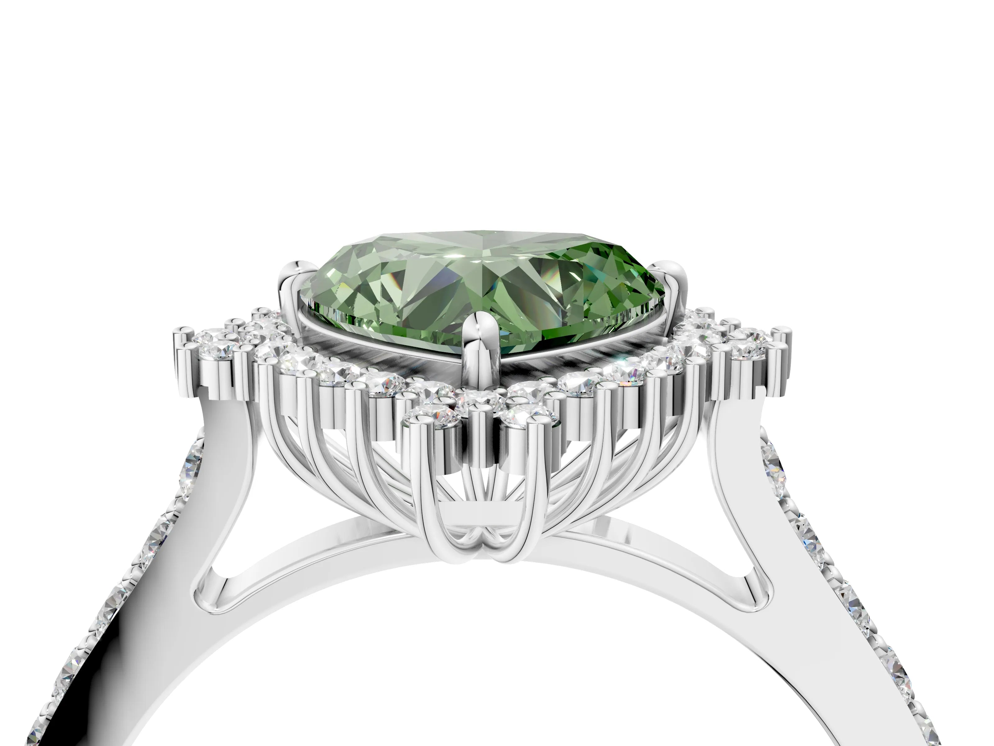 White gold Fancy Green Heart Cut Cut Diamond Sunburst Halo Engagement Ring with Pavé Band_16