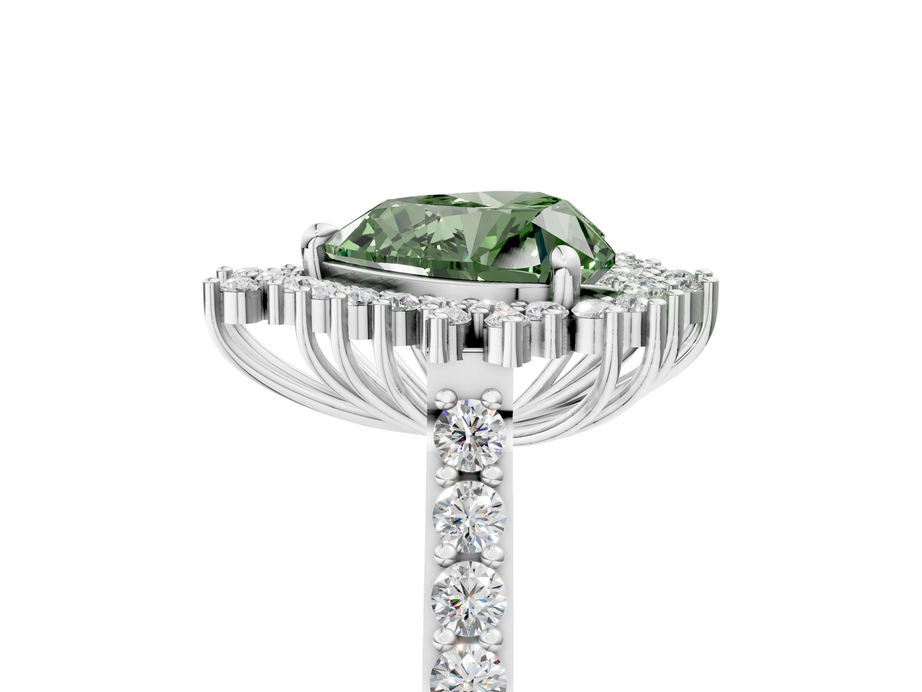 White gold Fancy Green Heart Cut Cut Diamond Sunburst Halo Engagement Ring with Pavé Band_17