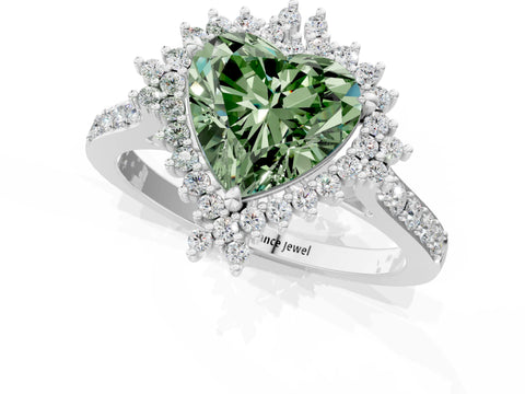 White gold Fancy Green Heart Cut Cut Diamond Sunburst Halo Engagement Ring with Pavé Band_1