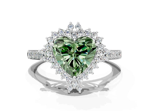 White gold Fancy Green Heart Cut Cut Diamond Sunburst Halo Engagement Ring with Pavé Band
